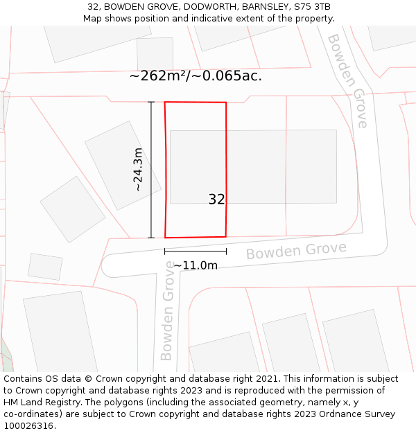 32, BOWDEN GROVE, DODWORTH, BARNSLEY, S75 3TB: Plot and title map