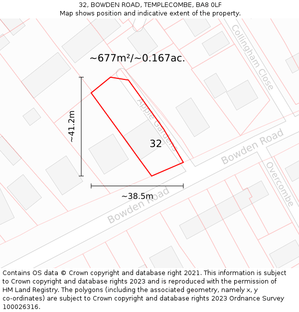 32, BOWDEN ROAD, TEMPLECOMBE, BA8 0LF: Plot and title map
