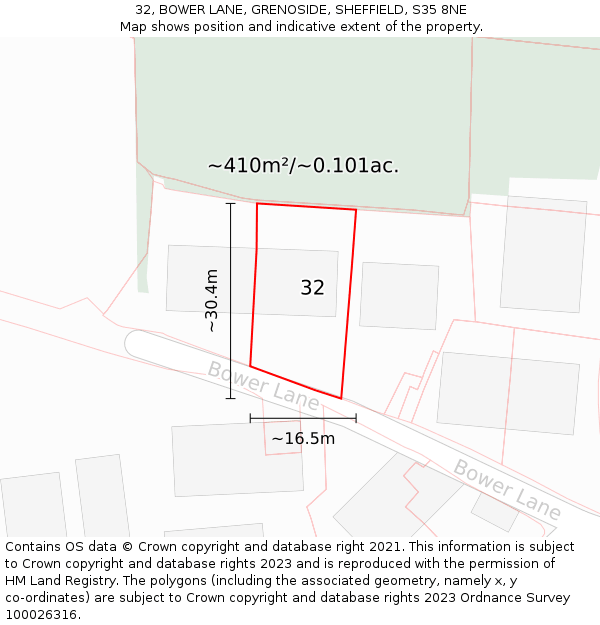 32, BOWER LANE, GRENOSIDE, SHEFFIELD, S35 8NE: Plot and title map