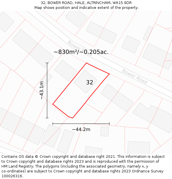 32, BOWER ROAD, HALE, ALTRINCHAM, WA15 9DR: Plot and title map