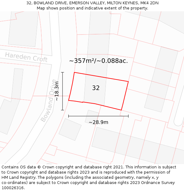 32, BOWLAND DRIVE, EMERSON VALLEY, MILTON KEYNES, MK4 2DN: Plot and title map