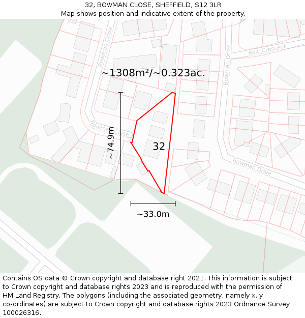 32, BOWMAN CLOSE, SHEFFIELD, S12 3LR: Plot and title map