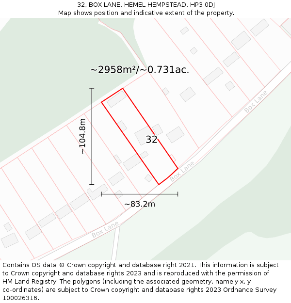32, BOX LANE, HEMEL HEMPSTEAD, HP3 0DJ: Plot and title map