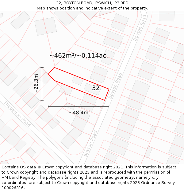 32, BOYTON ROAD, IPSWICH, IP3 9PD: Plot and title map