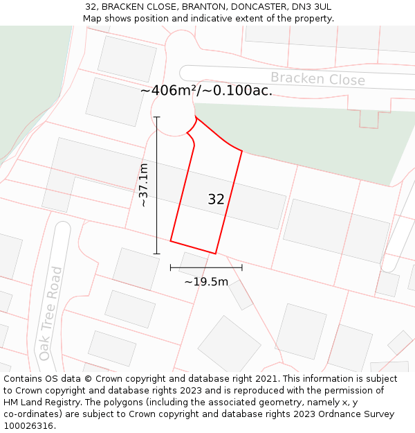 32, BRACKEN CLOSE, BRANTON, DONCASTER, DN3 3UL: Plot and title map