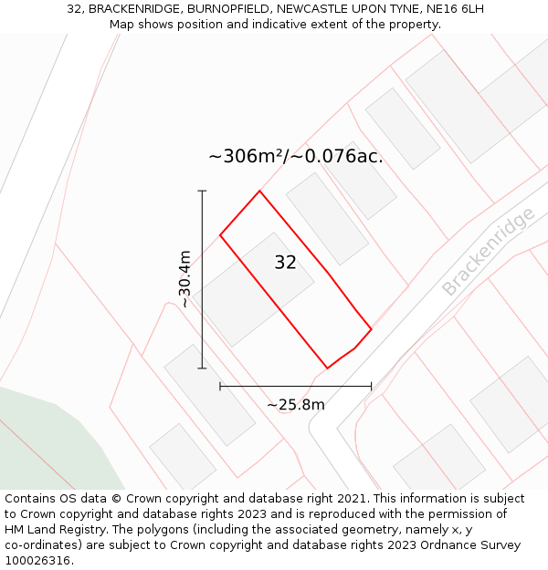 32, BRACKENRIDGE, BURNOPFIELD, NEWCASTLE UPON TYNE, NE16 6LH: Plot and title map