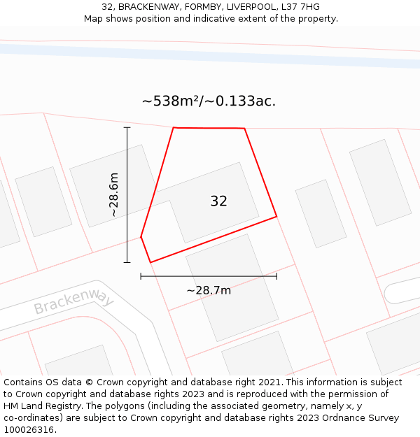 32, BRACKENWAY, FORMBY, LIVERPOOL, L37 7HG: Plot and title map