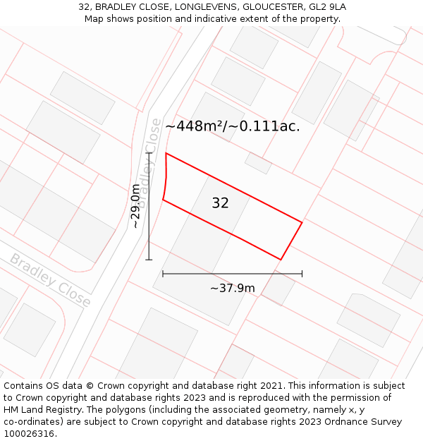 32, BRADLEY CLOSE, LONGLEVENS, GLOUCESTER, GL2 9LA: Plot and title map