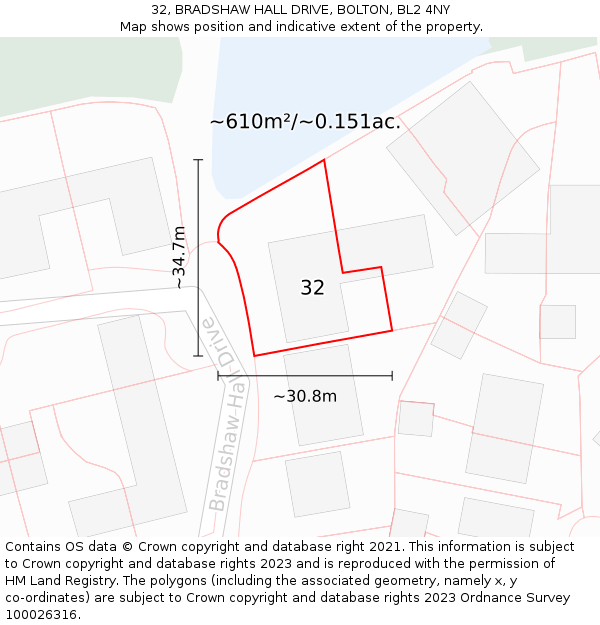 32, BRADSHAW HALL DRIVE, BOLTON, BL2 4NY: Plot and title map