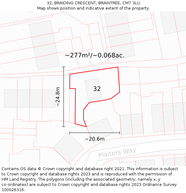 32, BRAIDING CRESCENT, BRAINTREE, CM7 3LU: Plot and title map