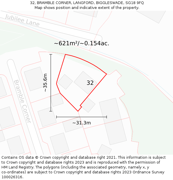 32, BRAMBLE CORNER, LANGFORD, BIGGLESWADE, SG18 9FQ: Plot and title map