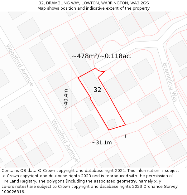32, BRAMBLING WAY, LOWTON, WARRINGTON, WA3 2GS: Plot and title map