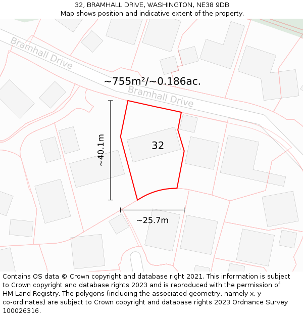 32, BRAMHALL DRIVE, WASHINGTON, NE38 9DB: Plot and title map