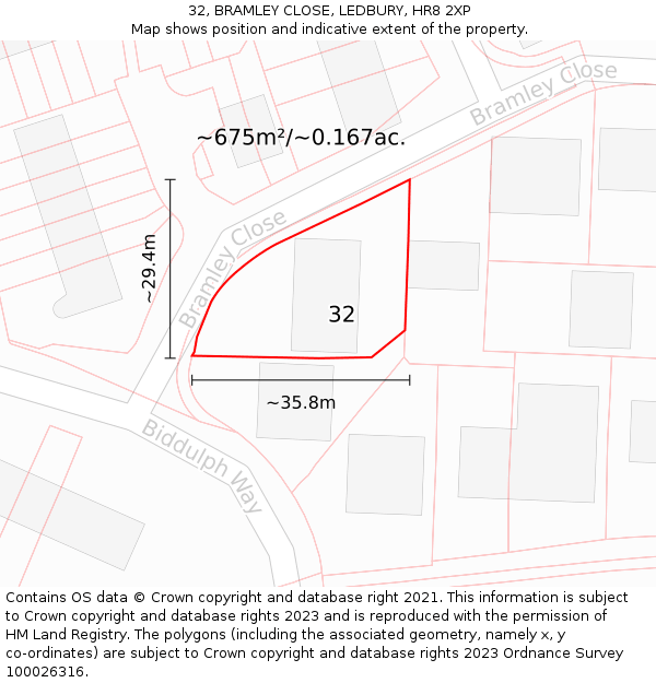 32, BRAMLEY CLOSE, LEDBURY, HR8 2XP: Plot and title map