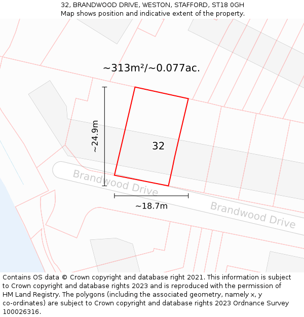 32, BRANDWOOD DRIVE, WESTON, STAFFORD, ST18 0GH: Plot and title map