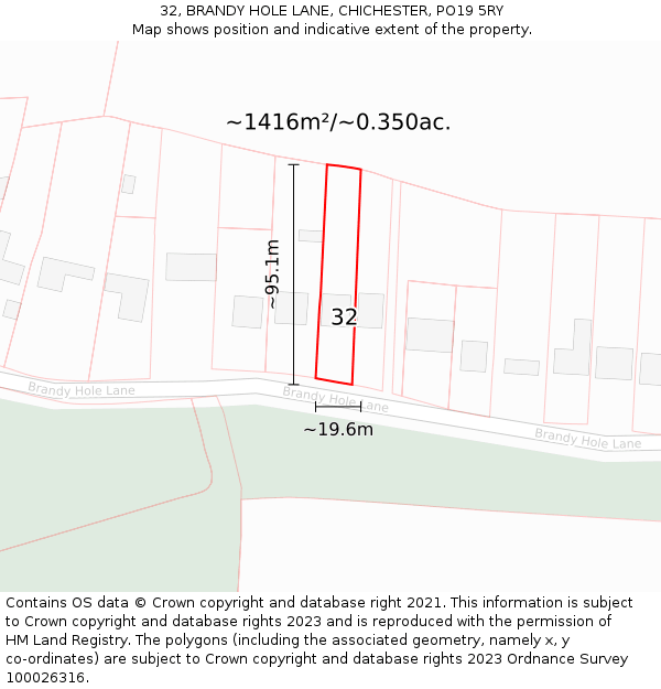 32, BRANDY HOLE LANE, CHICHESTER, PO19 5RY: Plot and title map