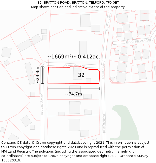 32, BRATTON ROAD, BRATTON, TELFORD, TF5 0BT: Plot and title map