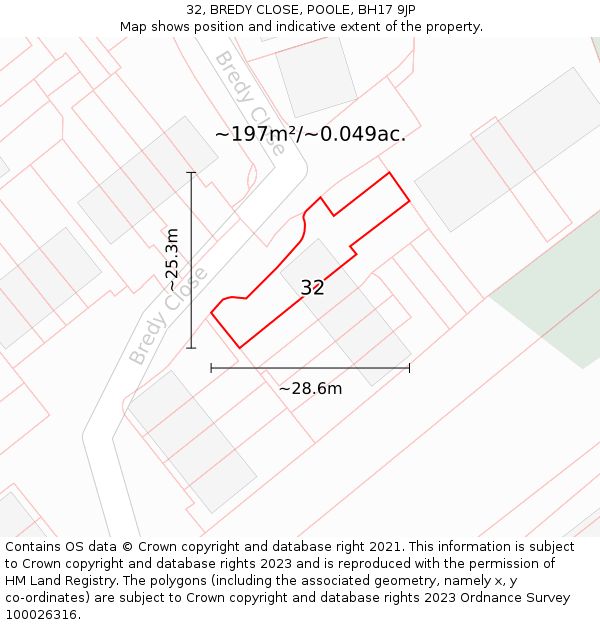 32, BREDY CLOSE, POOLE, BH17 9JP: Plot and title map