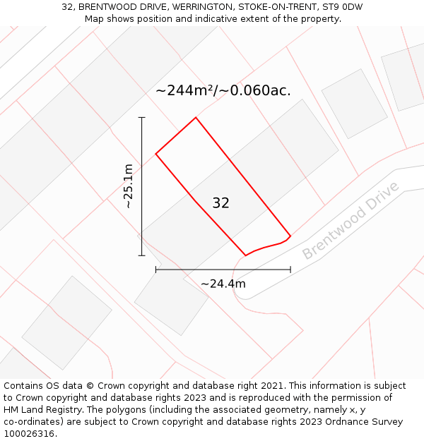 32, BRENTWOOD DRIVE, WERRINGTON, STOKE-ON-TRENT, ST9 0DW: Plot and title map