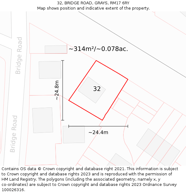32, BRIDGE ROAD, GRAYS, RM17 6RY: Plot and title map