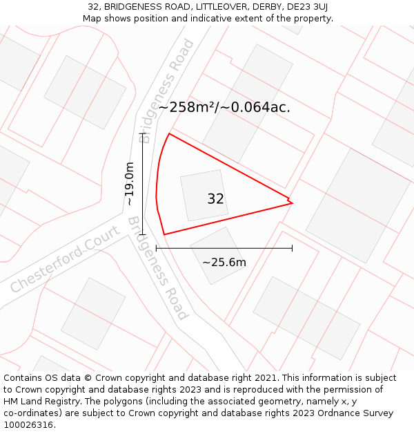 32, BRIDGENESS ROAD, LITTLEOVER, DERBY, DE23 3UJ: Plot and title map