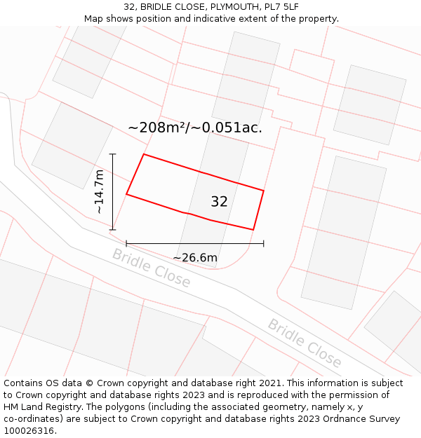 32, BRIDLE CLOSE, PLYMOUTH, PL7 5LF: Plot and title map