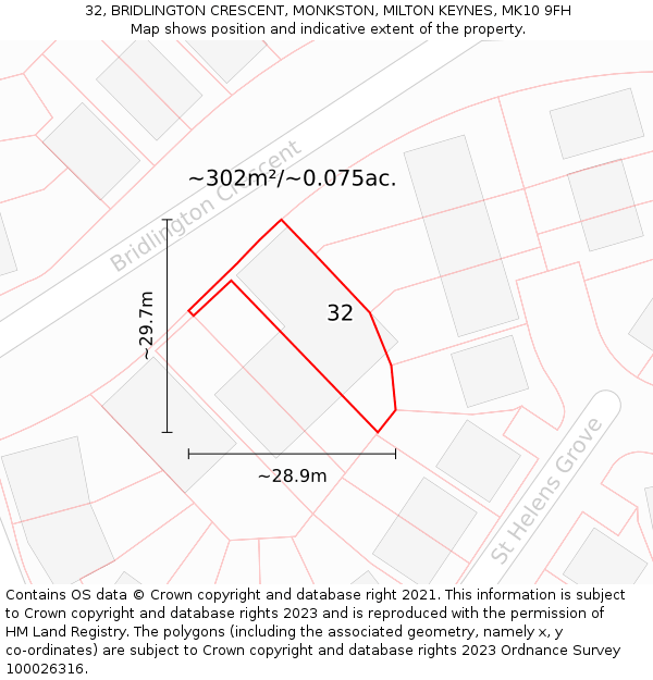 32, BRIDLINGTON CRESCENT, MONKSTON, MILTON KEYNES, MK10 9FH: Plot and title map