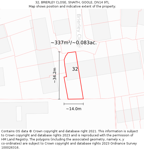 32, BRIERLEY CLOSE, SNAITH, GOOLE, DN14 9TL: Plot and title map