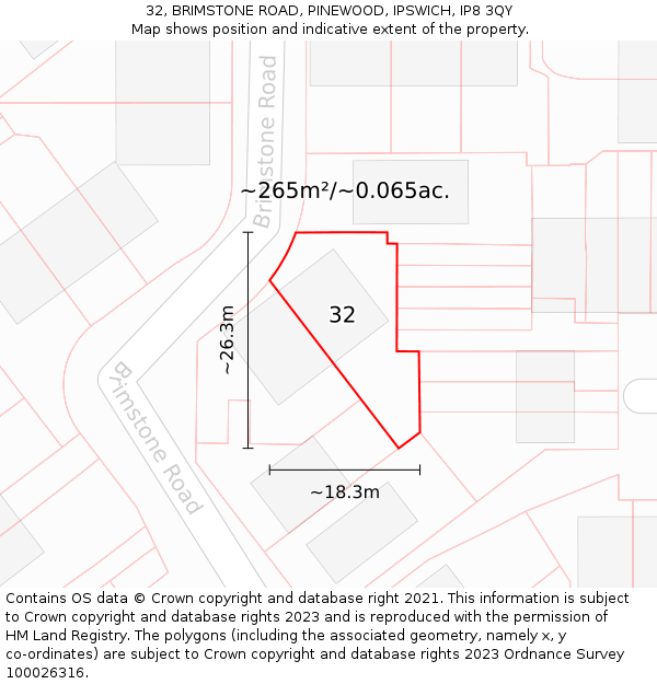 32, BRIMSTONE ROAD, PINEWOOD, IPSWICH, IP8 3QY: Plot and title map