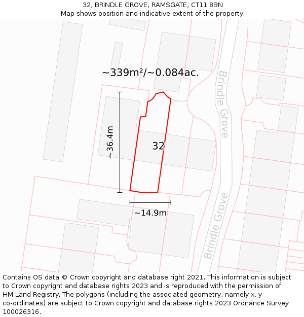 32, BRINDLE GROVE, RAMSGATE, CT11 8BN: Plot and title map