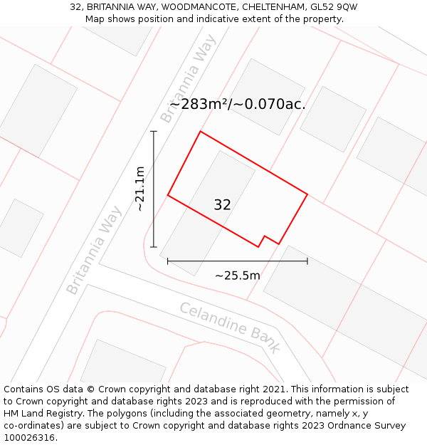 32, BRITANNIA WAY, WOODMANCOTE, CHELTENHAM, GL52 9QW: Plot and title map