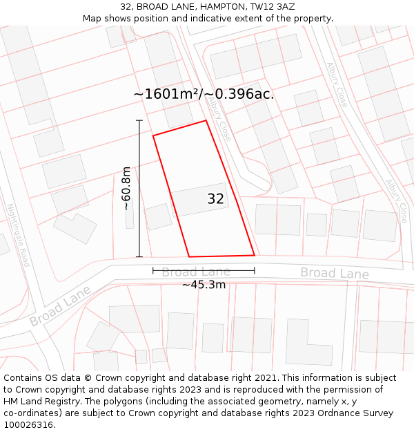 32, BROAD LANE, HAMPTON, TW12 3AZ: Plot and title map