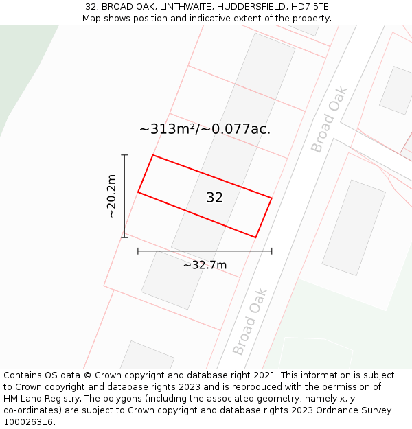 32, BROAD OAK, LINTHWAITE, HUDDERSFIELD, HD7 5TE: Plot and title map