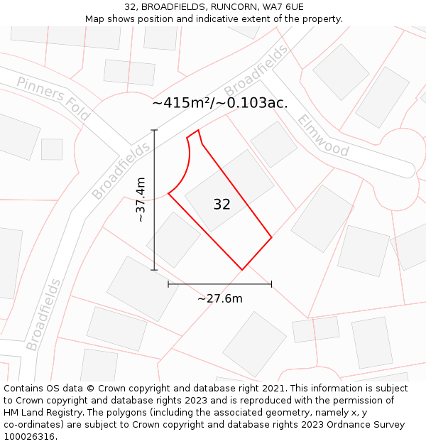 32, BROADFIELDS, RUNCORN, WA7 6UE: Plot and title map