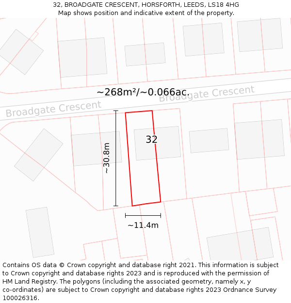 32, BROADGATE CRESCENT, HORSFORTH, LEEDS, LS18 4HG: Plot and title map