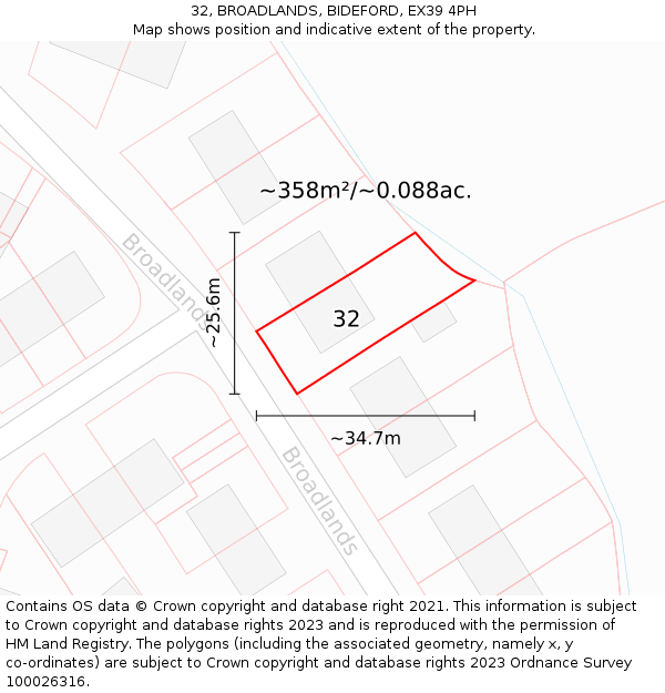 32, BROADLANDS, BIDEFORD, EX39 4PH: Plot and title map