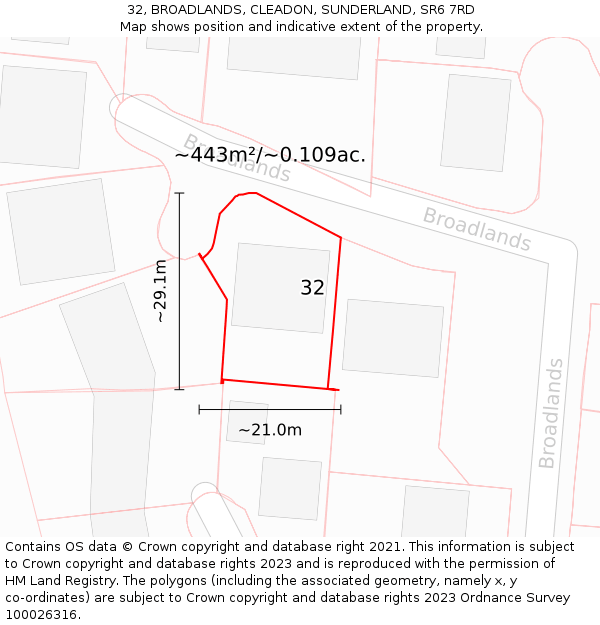 32, BROADLANDS, CLEADON, SUNDERLAND, SR6 7RD: Plot and title map