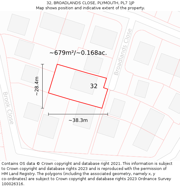 32, BROADLANDS CLOSE, PLYMOUTH, PL7 1JP: Plot and title map