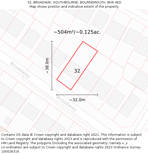 32, BROADWAY, SOUTHBOURNE, BOURNEMOUTH, BH6 4ED: Plot and title map