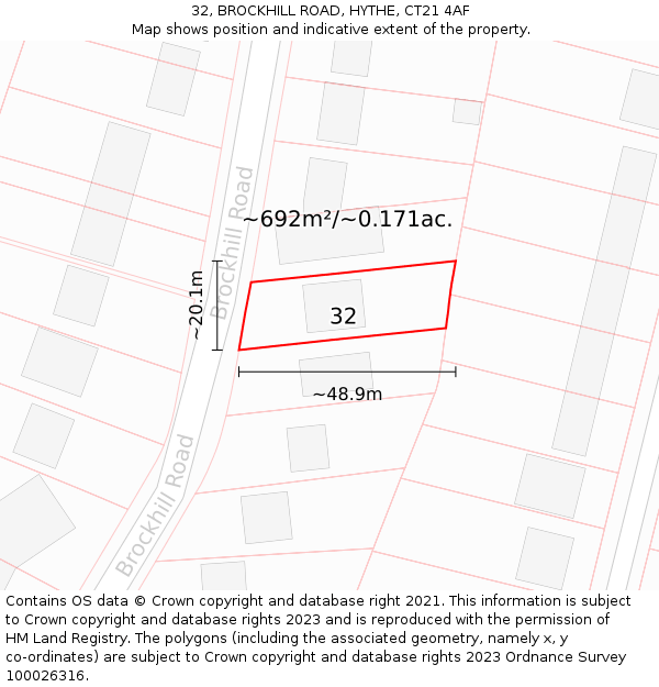 32, BROCKHILL ROAD, HYTHE, CT21 4AF: Plot and title map