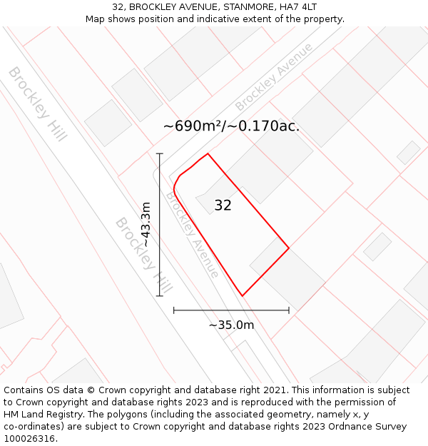 32, BROCKLEY AVENUE, STANMORE, HA7 4LT: Plot and title map
