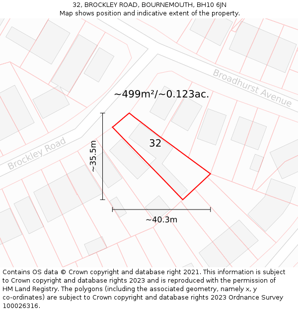 32, BROCKLEY ROAD, BOURNEMOUTH, BH10 6JN: Plot and title map