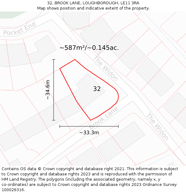 32, BROOK LANE, LOUGHBOROUGH, LE11 3RA: Plot and title map