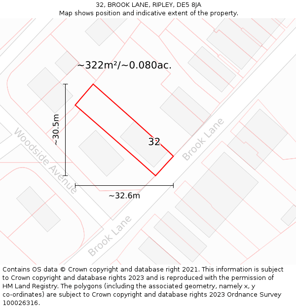 32, BROOK LANE, RIPLEY, DE5 8JA: Plot and title map
