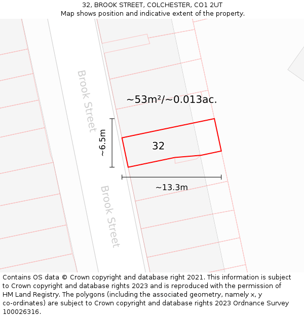 32, BROOK STREET, COLCHESTER, CO1 2UT: Plot and title map