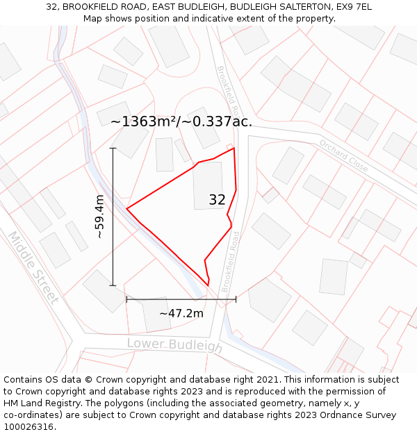 32, BROOKFIELD ROAD, EAST BUDLEIGH, BUDLEIGH SALTERTON, EX9 7EL: Plot and title map