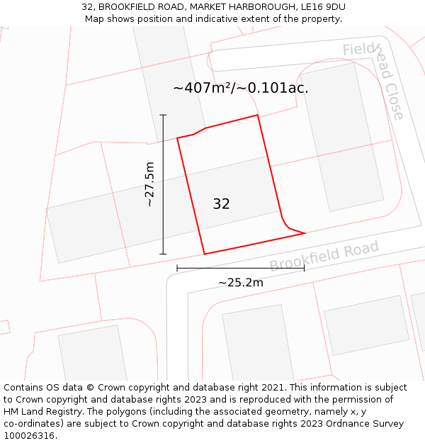 32, BROOKFIELD ROAD, MARKET HARBOROUGH, LE16 9DU: Plot and title map
