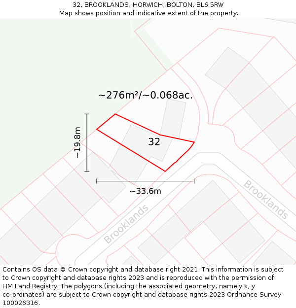 32, BROOKLANDS, HORWICH, BOLTON, BL6 5RW: Plot and title map
