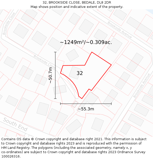 32, BROOKSIDE CLOSE, BEDALE, DL8 2DR: Plot and title map