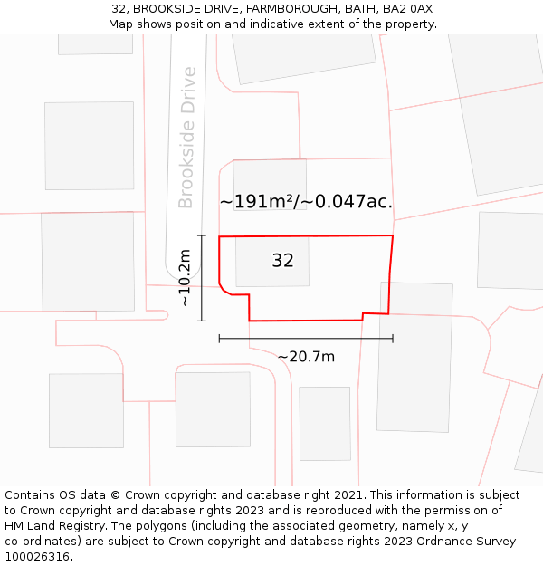 32, BROOKSIDE DRIVE, FARMBOROUGH, BATH, BA2 0AX: Plot and title map